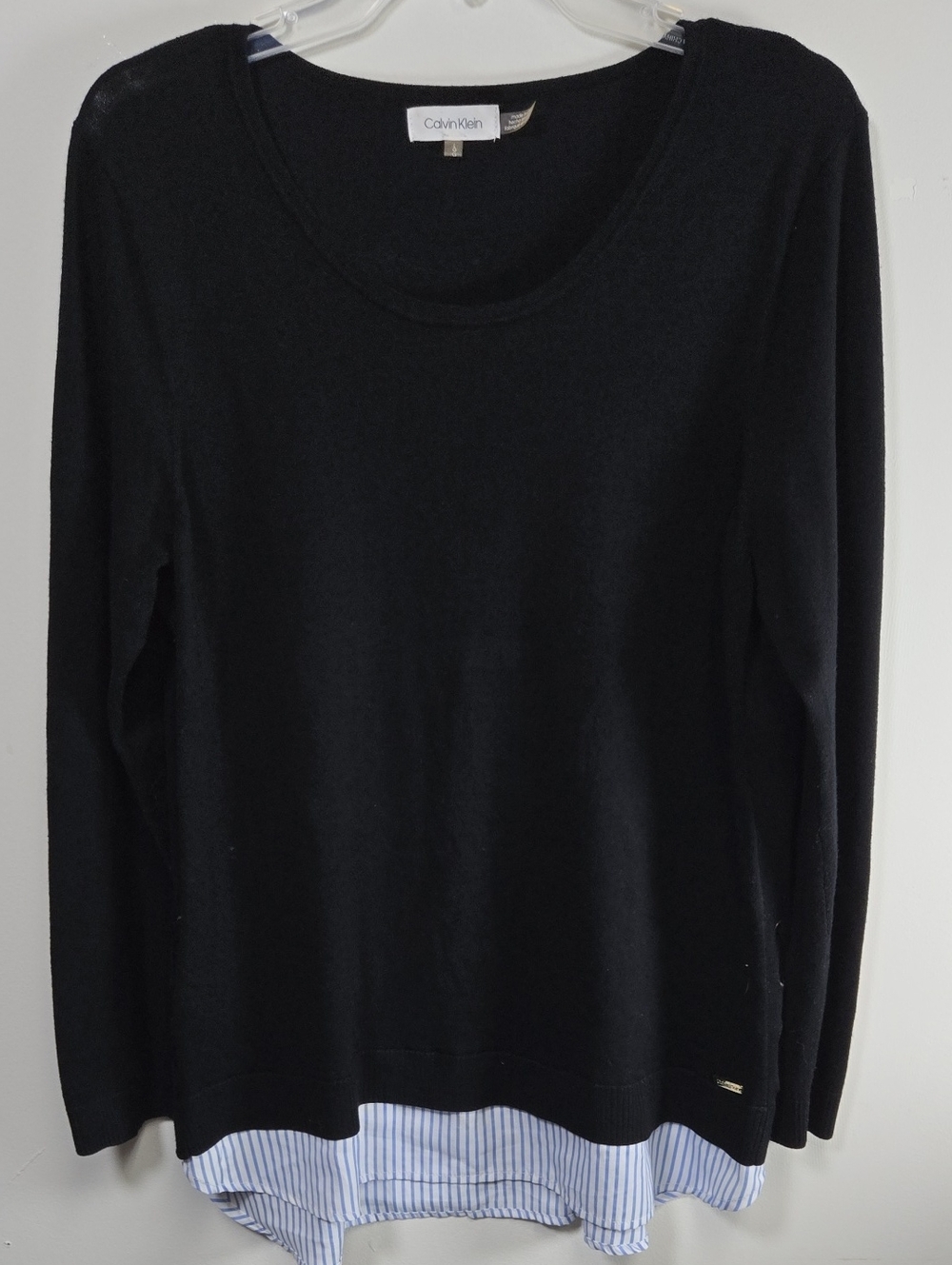 Calvin Klein Black Layered-Look Crewneck Sweater with Blue Stripe Hem